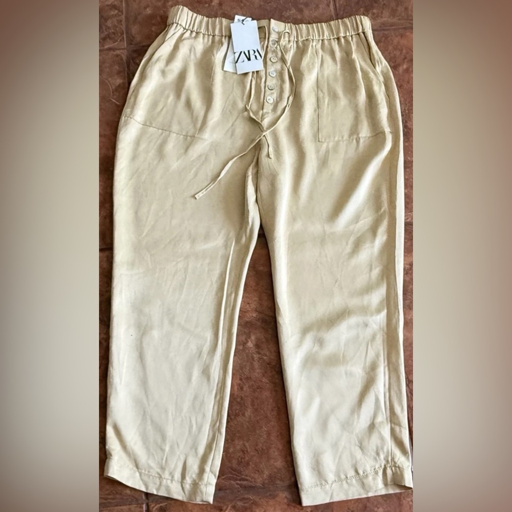 Zara Satin Trousers Drawstring Elastic Waist Button Front Pants Beige Size XL